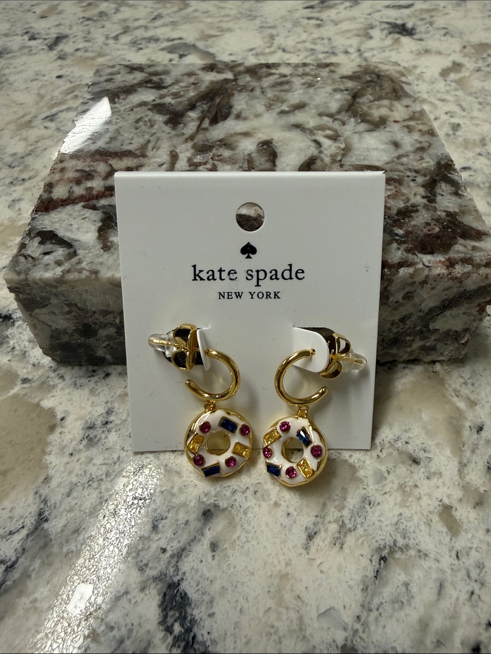kate spade Gold Hoop Drop Earrings with White Enamel and Blue/Pink Accents